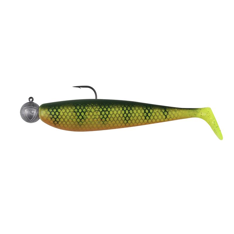 Джиг: мягкий виброхвост Fox Rage Zander Pro Shad на джиг-головке с открытым крючком.